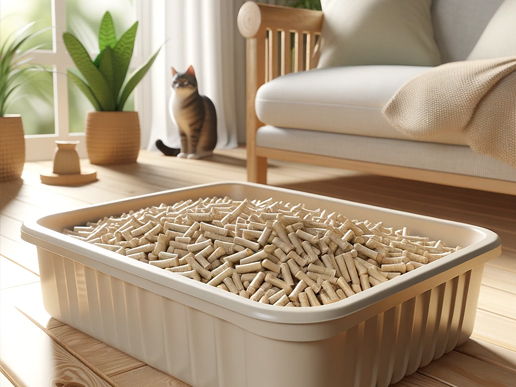 Bandeja sanitaria ecológica para gato con pellets de pino en un ambiente hogareño natural y luminoso.