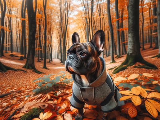 Bulldog francés con abrigo colorido parado en un bosque otoñal, mirando hacia la izquierda.