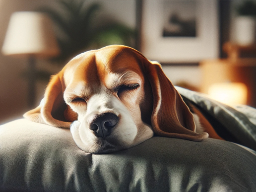 Cabeza de un beagle descansando sobre una almohada cómoda.