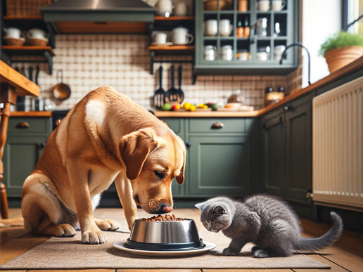 Un cachorro dorado y un gatito gris comiendo juntos del mismo cuenco en una cocina moderna y soleada.