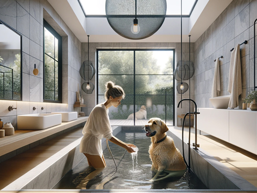 Mujer hispana cuidando de bañar a perro labrador en baño moderno y minimalista.