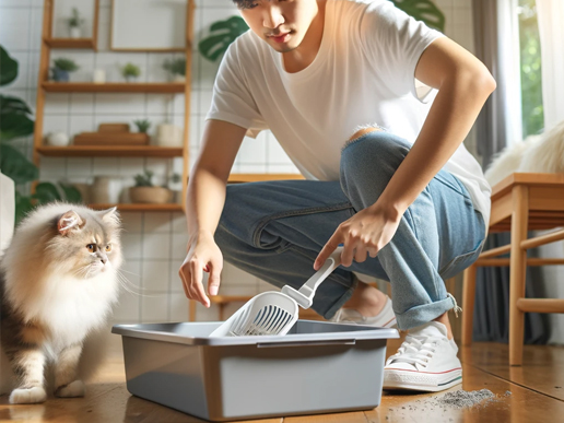 Persona de ascendencia asiática limpiando el arenero de un gato en un interior moderno y luminoso, con un gato esponjoso observando atentamente.