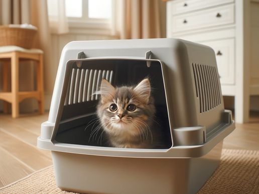 Gatito pequeño asomando desde un arenero cubierto grande en un hogar.