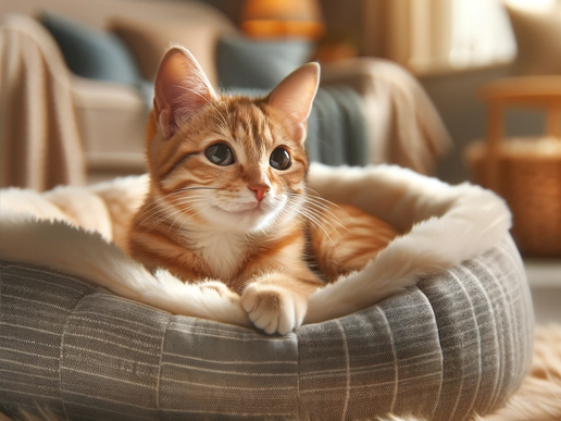 Un gato doméstico relajado, acostado en su cama para gatos, mirando a un lado.