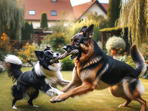 Dos perros, un Pastor Alemán y un Border Collie, en un intenso juego de tira y afloja.
