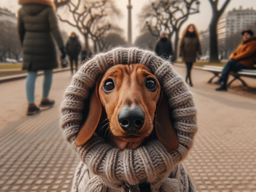 Perro salchicha con suéter en parque invernal.