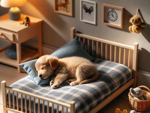 Cachorro dormido en una cama pequeña y suave en una habitación segura, rodeado de juguetes y con una manta ligera.