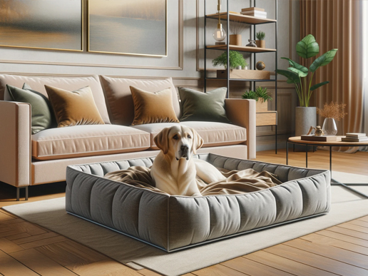 Cama ortopédica para perros en un salón contemporáneo con sofá y decoración moderna.