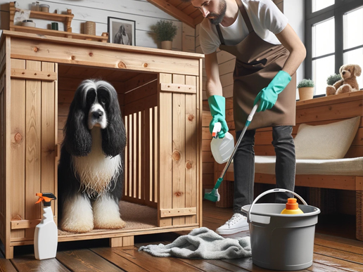 Persona limpiando una caseta de perro de estilo rústico en un salón hogareño.