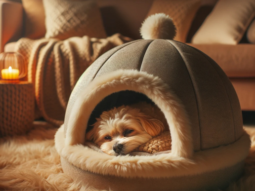 Pequeño perro durmiendo plácidamente dentro de una cama en forma de iglú de tela suave, ubicada en una sala de estar acogedora con iluminación cálida y cojines mullidos alrededor.