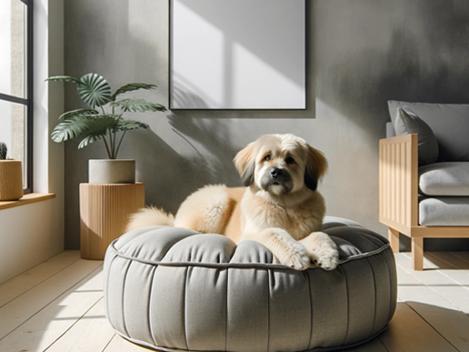 Un perro mediano disfrutando de un descanso en un puff elegante y moderno en una habitación minimalista.