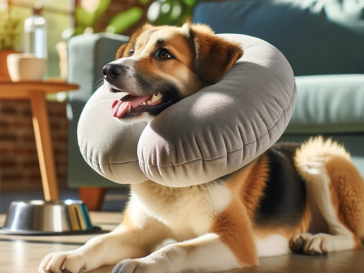 Medium-sized mixed-breed dog lying with a comfortable neck pillow instead of an Elizabethan collar in a sunny living room.