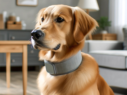 Perro golden retriever con collar antipulgas en salón minimalista.