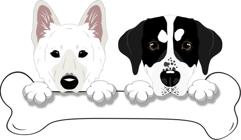 Ilustración de dos perros, uno blanco llamado Wolfie y otro blanco y negro llamado Mora, sosteniendo un hueso grande.
